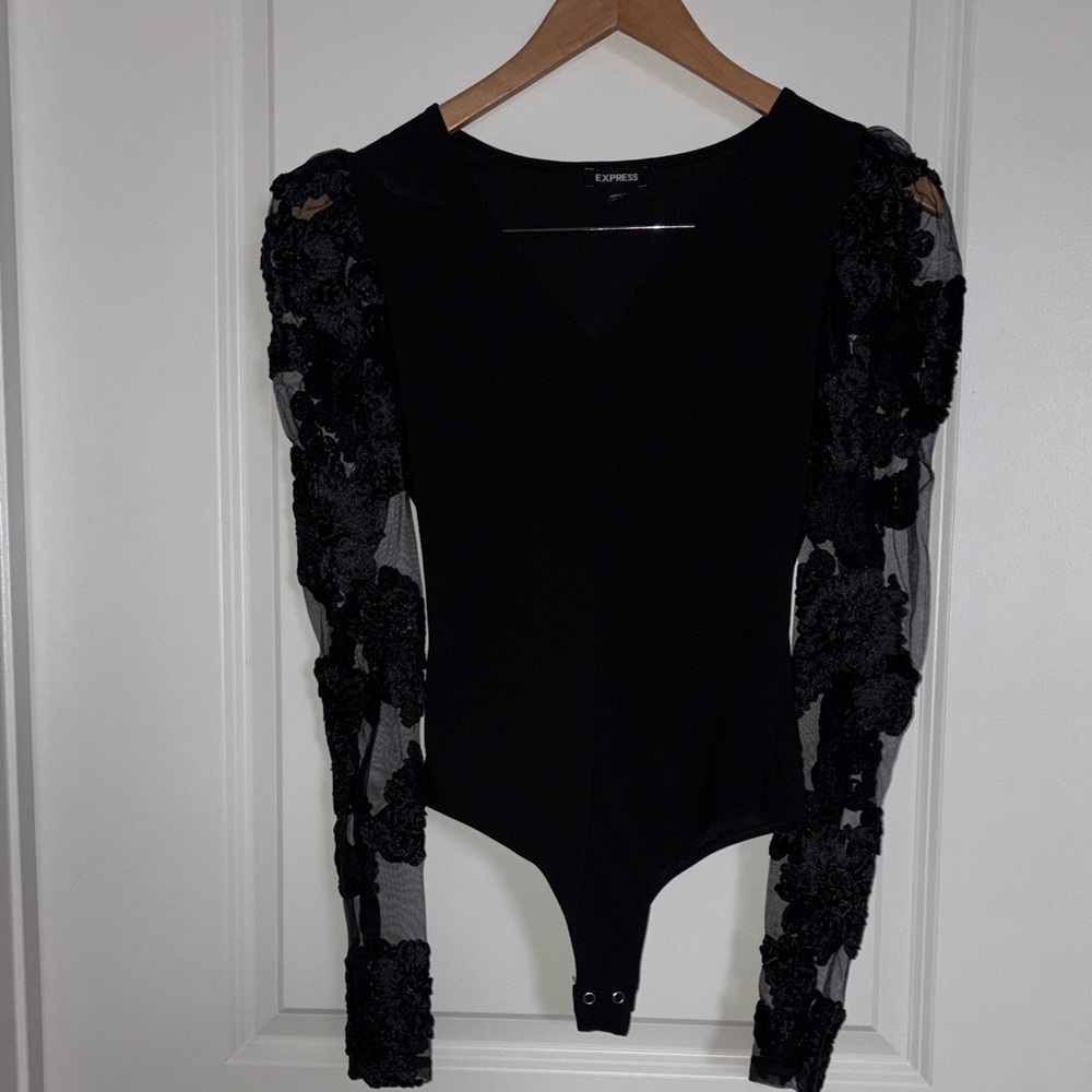 Express Body Suit with Floral Embroidered Sleeves